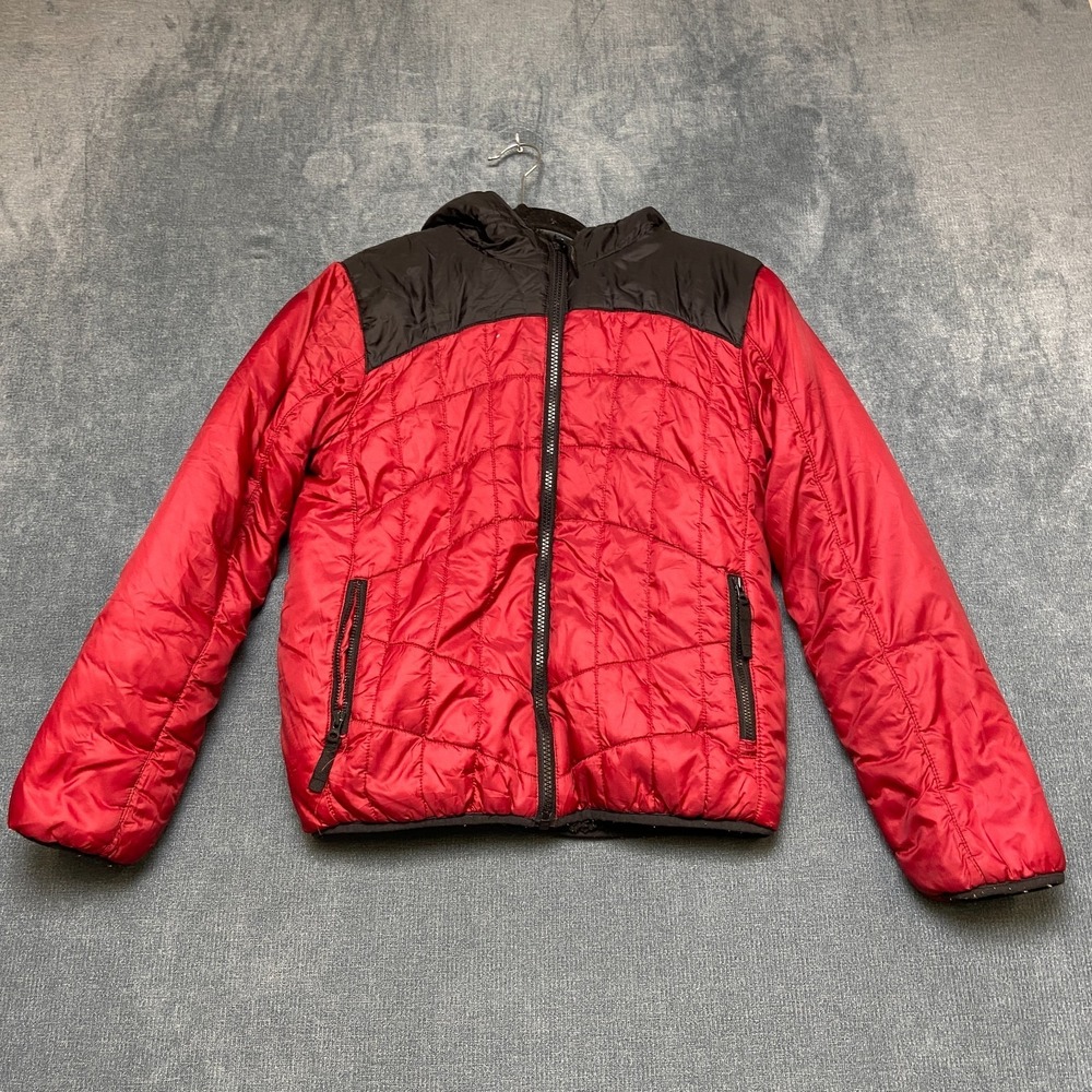 Eddie Bauer Puffer Jacket‎ Kids M 10/12 Red Black Reversible Hooded Long Sleeve